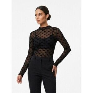 ⁠Lush Black Mesh Top Sheer Mock Neck Long Sleeve Bow Print Blouse Cottagecore S⁠